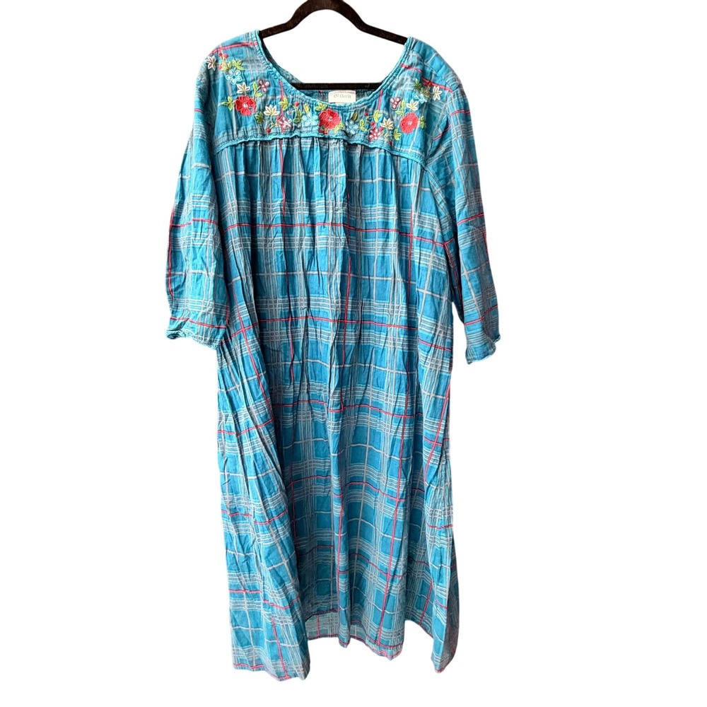 CW Classics Dress Womens 2X Blue Plaid Embroidered Floral Cotton Shift Midi